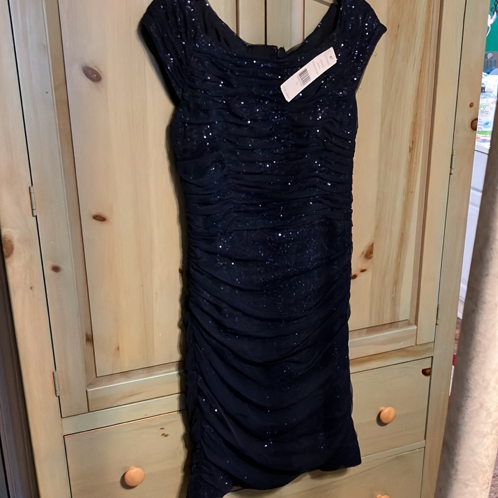 Lauren Ralph   Sheath Dress Blue Sequin Body Con Ruched Formal Party Size 14 New